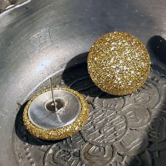 Retro 80s Club Glam Disco Sparkly Gold Fabric Button Earrings - Picture 6 of 8
